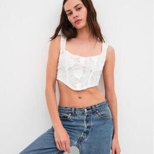 FOR LOVE & LEMONS White Lace Corset Top Heart Embroidery - SIZE S - COTTAGECORE